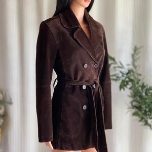Paris Blues Outerwear Womens Brown Suede Leather Trench Coat Belted Jacket M